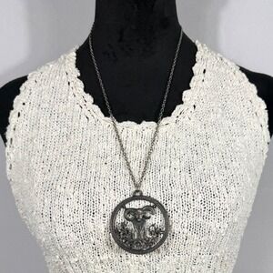 Vtg Aries Zodiac Pendant Necklace 24" Silver Tone Large Ram Medallion Astrology